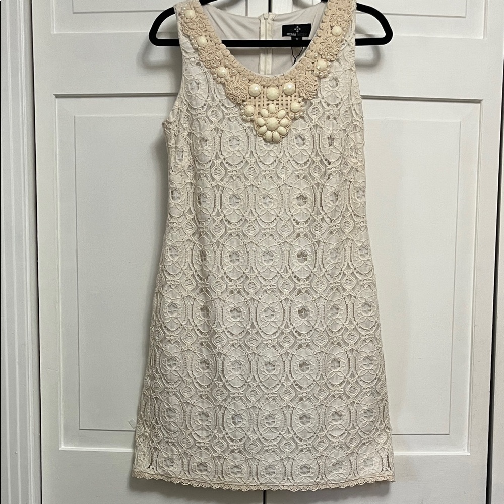 Ronni Nicole Cream Lace Beaded Neckline Mini Dress